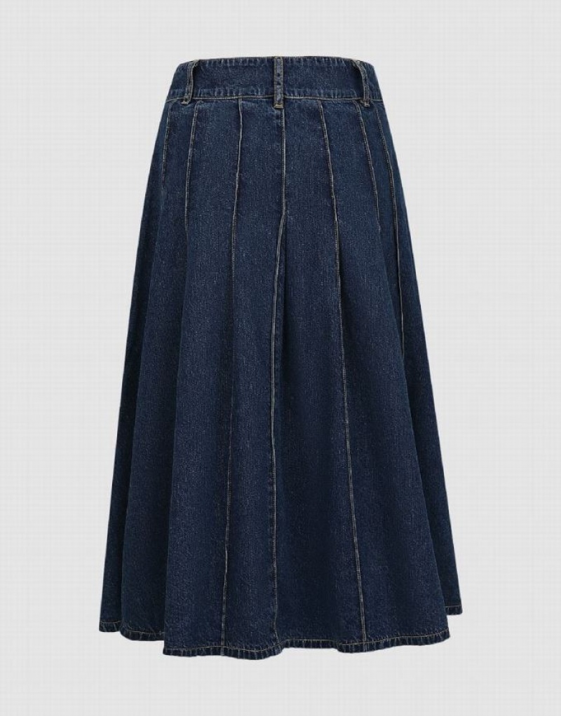 Urban Revivo Midi A-Line With Belt Women's Denim Skirt Blue | WJNEMZH-83