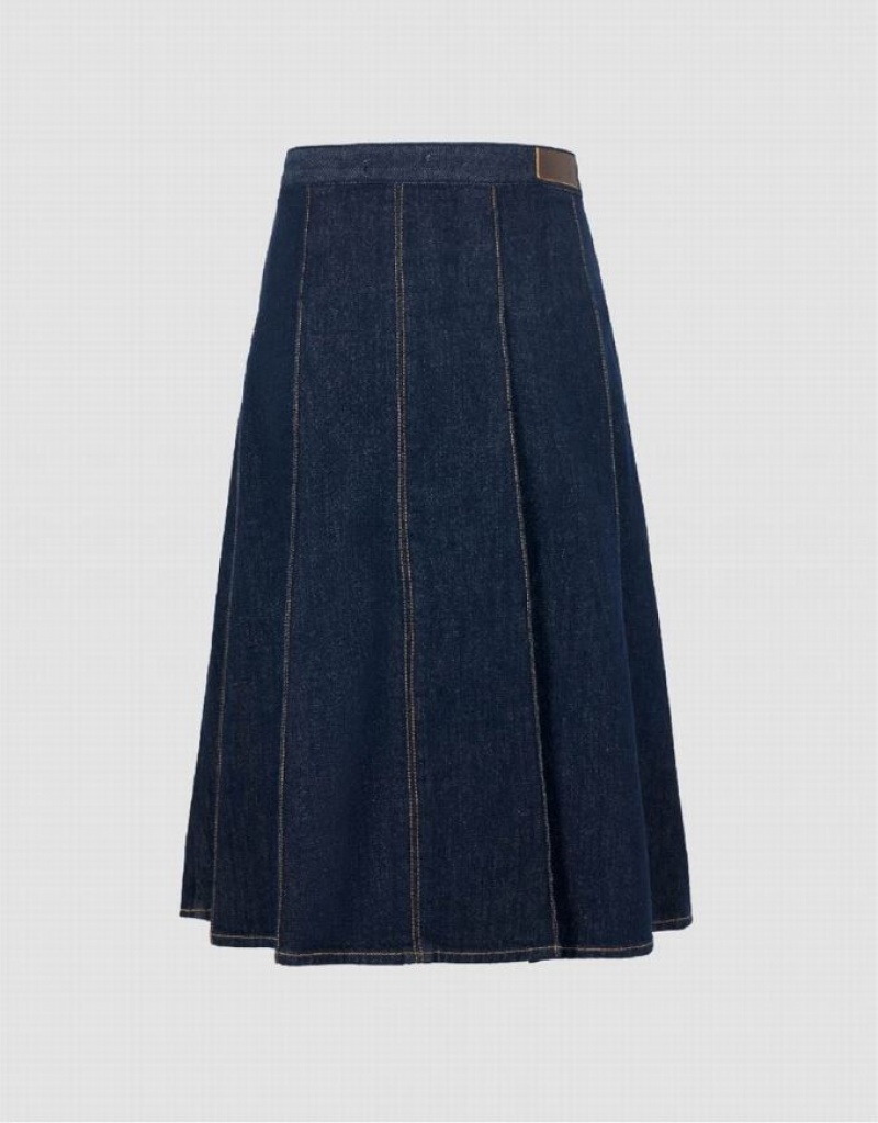 Urban Revivo Midi A-Line Women's Denim Skirt Blue | YLMTXBF-96