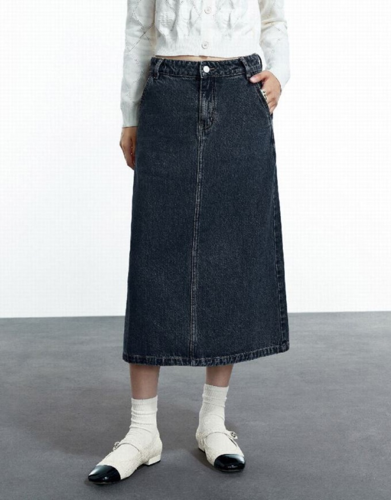 Urban Revivo Midi A-Line Women's Denim Skirt Blue | UCXPGJT-09