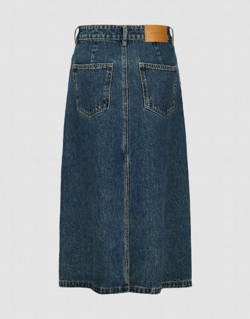 Urban Revivo Midi A-Line Women's Denim Skirt Blue | UCXPGJT-09