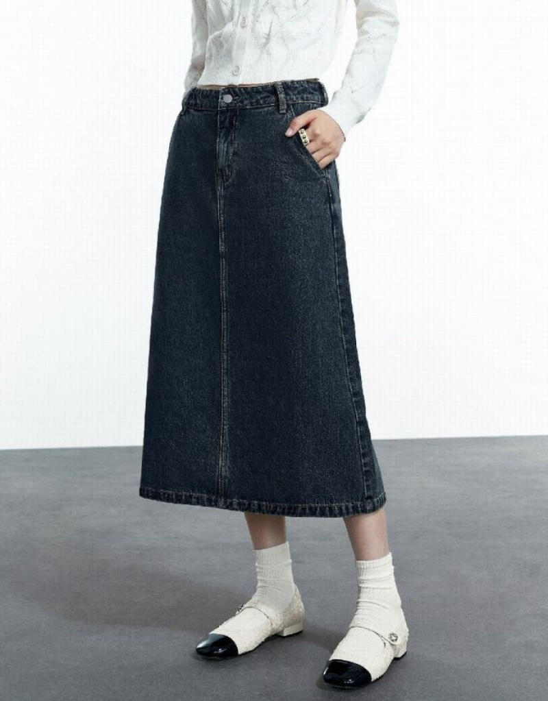 Urban Revivo Midi A-Line Women's Denim Skirt Blue | UCXPGJT-09