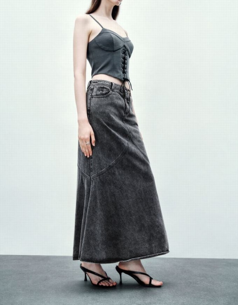 Urban Revivo Midi Fishtail Women's Denim Skirt Black | LCSGZNH-15