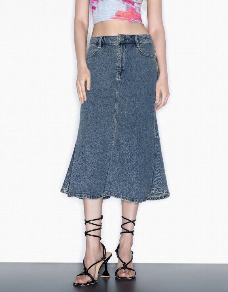 Urban Revivo Midi Fishtail Women's Denim Skirt Blue | VINKQCF-82