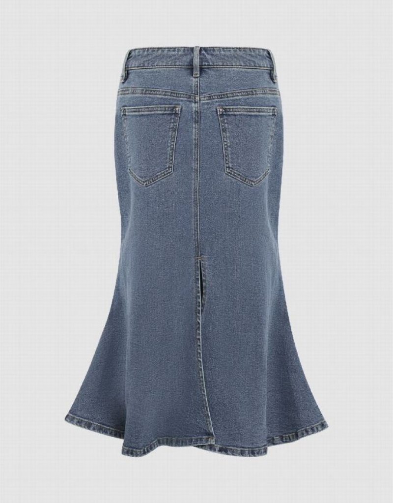 Urban Revivo Midi Fishtail Women's Denim Skirt Blue | VINKQCF-82