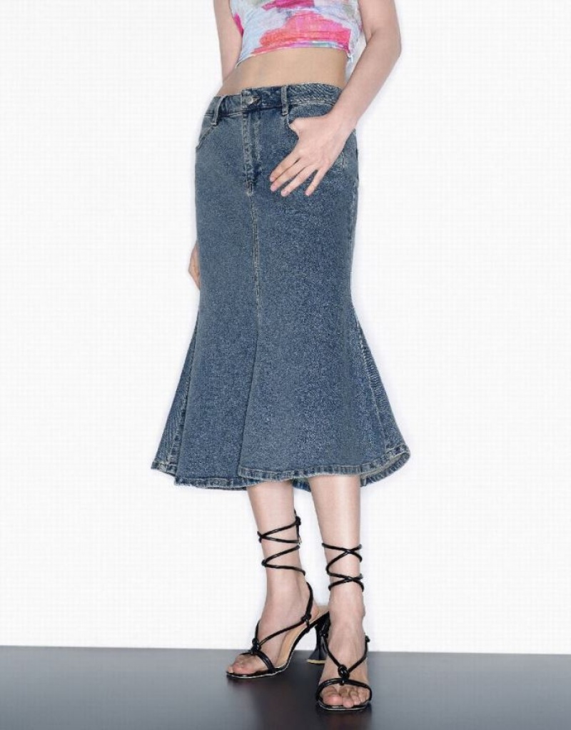 Urban Revivo Midi Fishtail Women's Denim Skirt Blue | VINKQCF-82