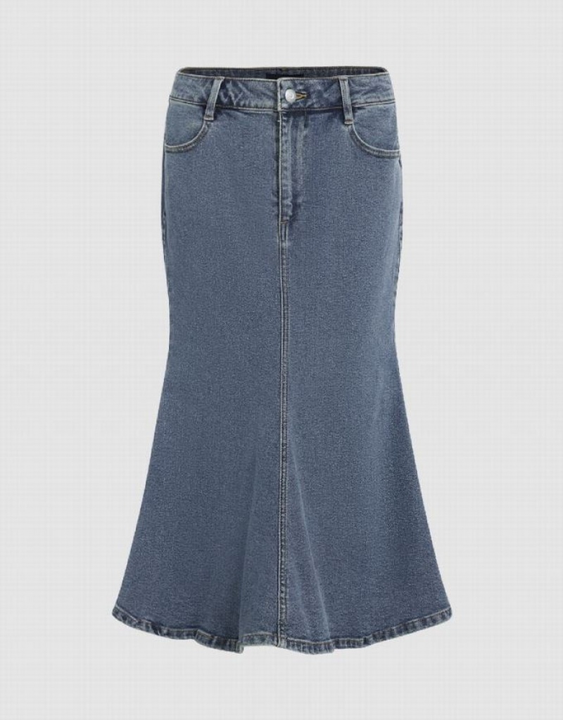 Urban Revivo Midi Fishtail Women\'s Denim Skirt Blue | VINKQCF-82