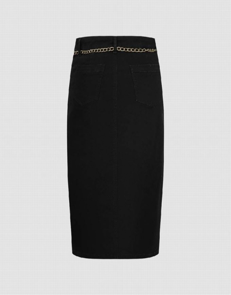 Urban Revivo Midi Straight With Chain Women's Denim Skirt Black | PNEJBVD-39