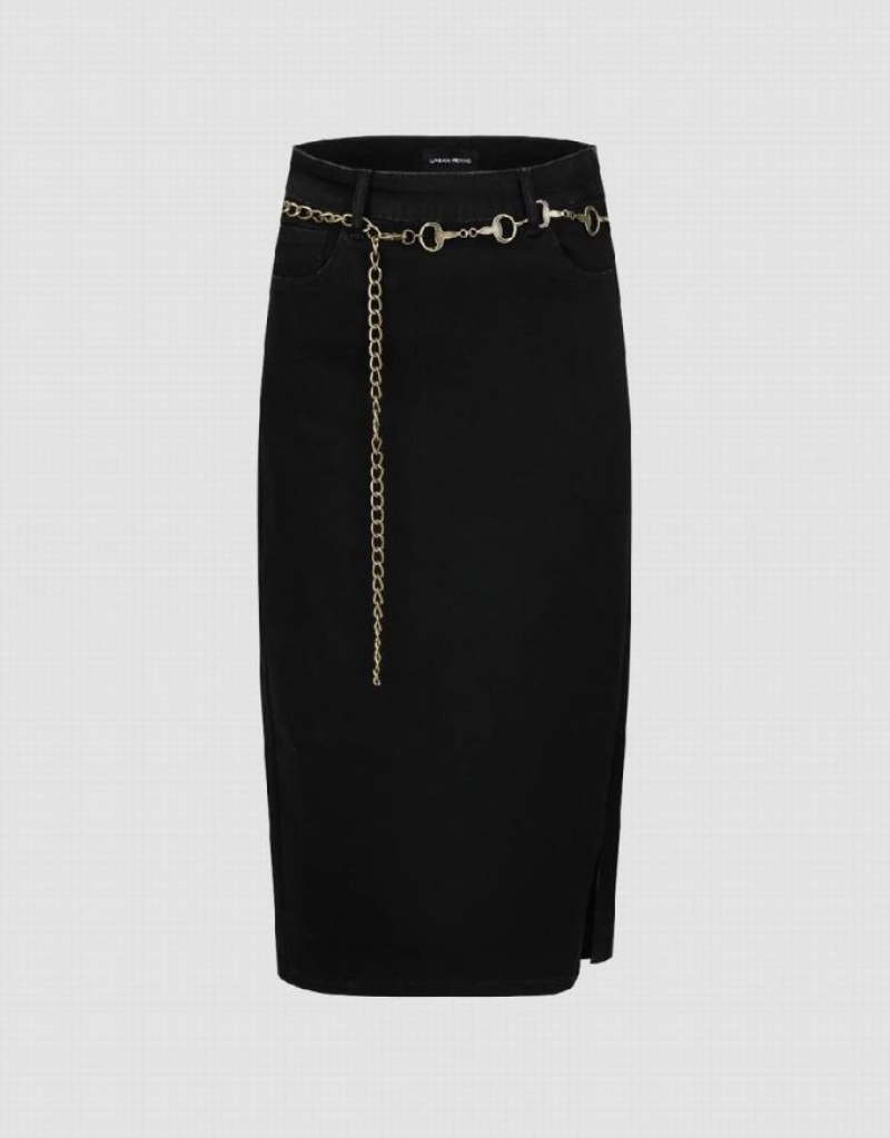 Urban Revivo Midi Straight With Chain Women\'s Denim Skirt Black | PNEJBVD-39