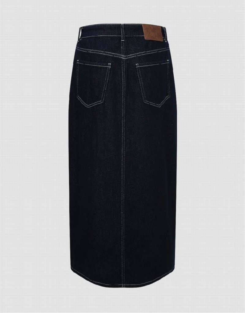 Urban Revivo Midi Straight Women's Denim Skirt Blue | VSHUZKN-36