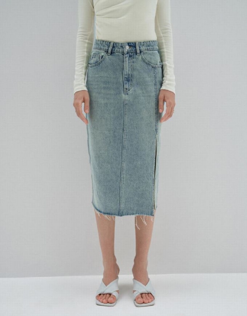 Urban Revivo Midi Straight Women's Denim Skirt Blue | HTVOBCG-85