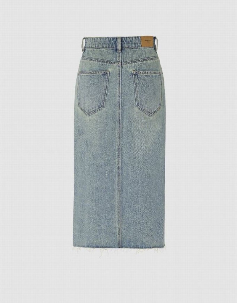 Urban Revivo Midi Straight Women's Denim Skirt Blue | HTVOBCG-85