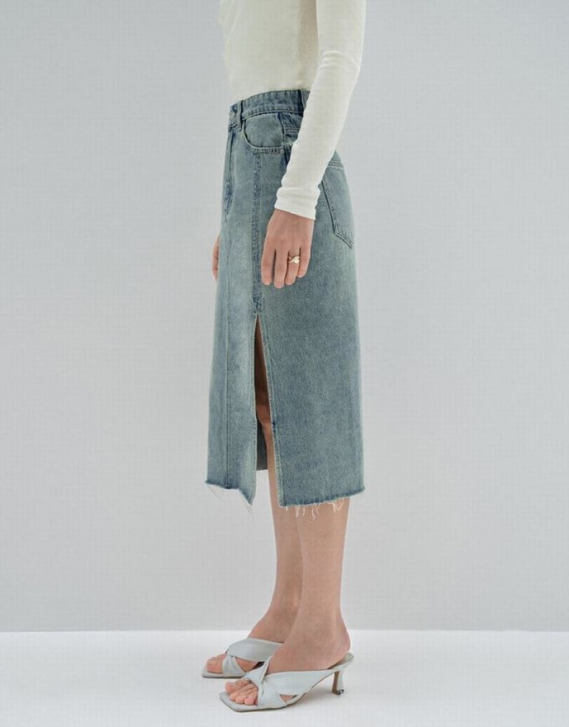 Urban Revivo Midi Straight Women's Denim Skirt Blue | HTVOBCG-85