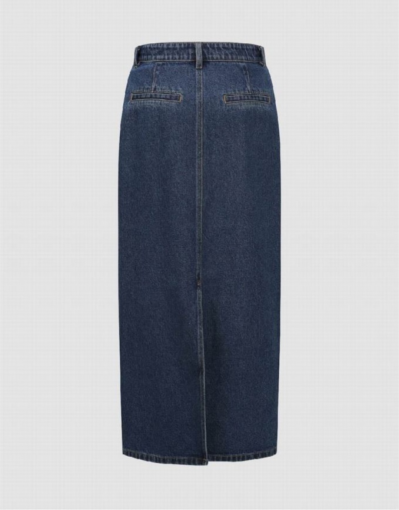 Urban Revivo Midi Straight Women's Denim Skirt Blue | QYVGEXI-26