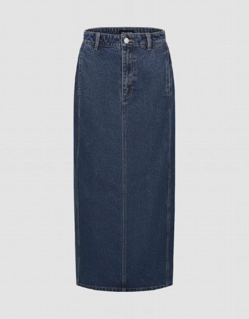 Urban Revivo Midi Straight Women\'s Denim Skirt Blue | QYVGEXI-26