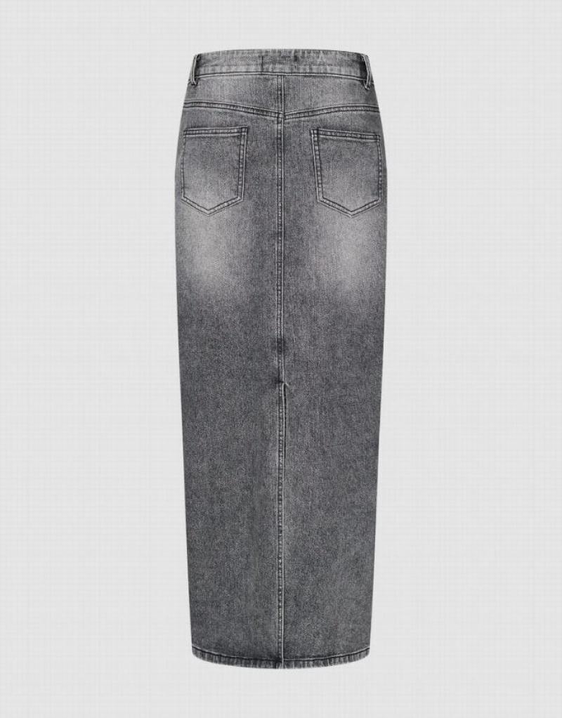 Urban Revivo Midi Straight Women's Denim Skirt Light Grey | MOVBLUI-31