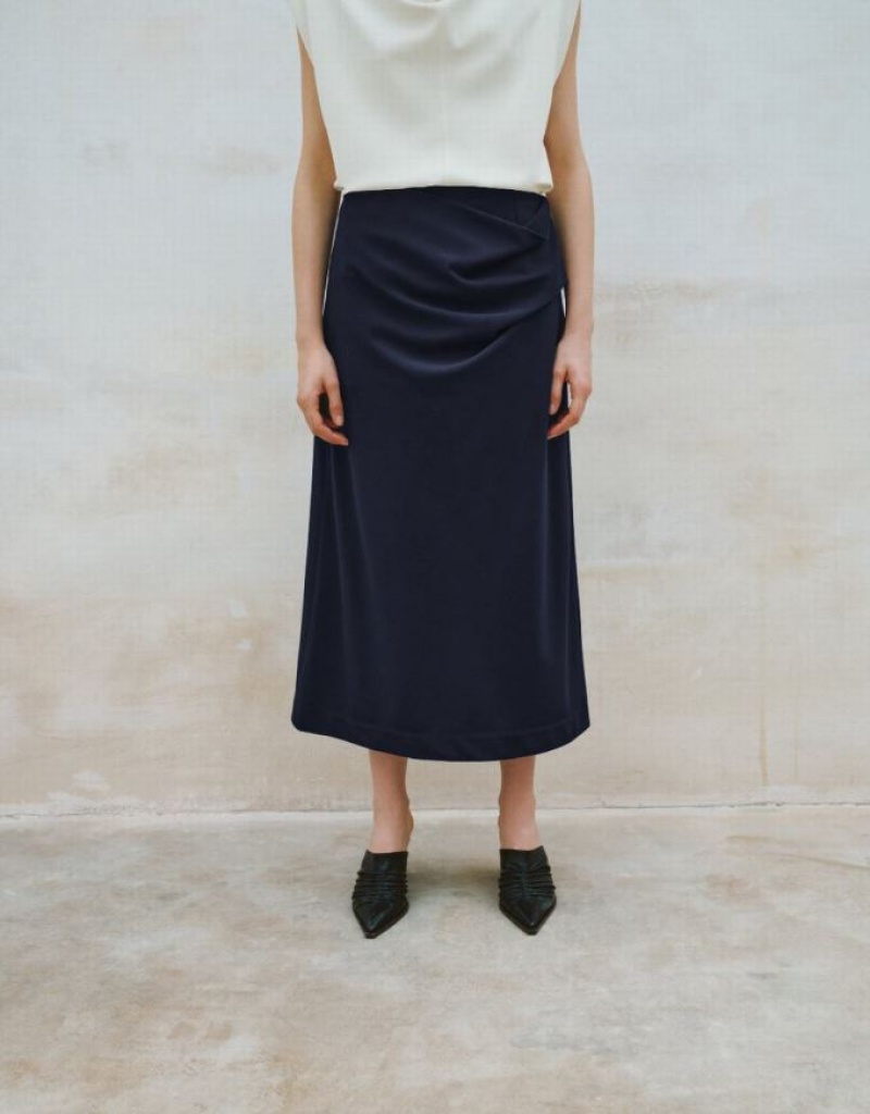 Urban Revivo Midi Straight Women's Skirts Navy | UXQZNAO-62