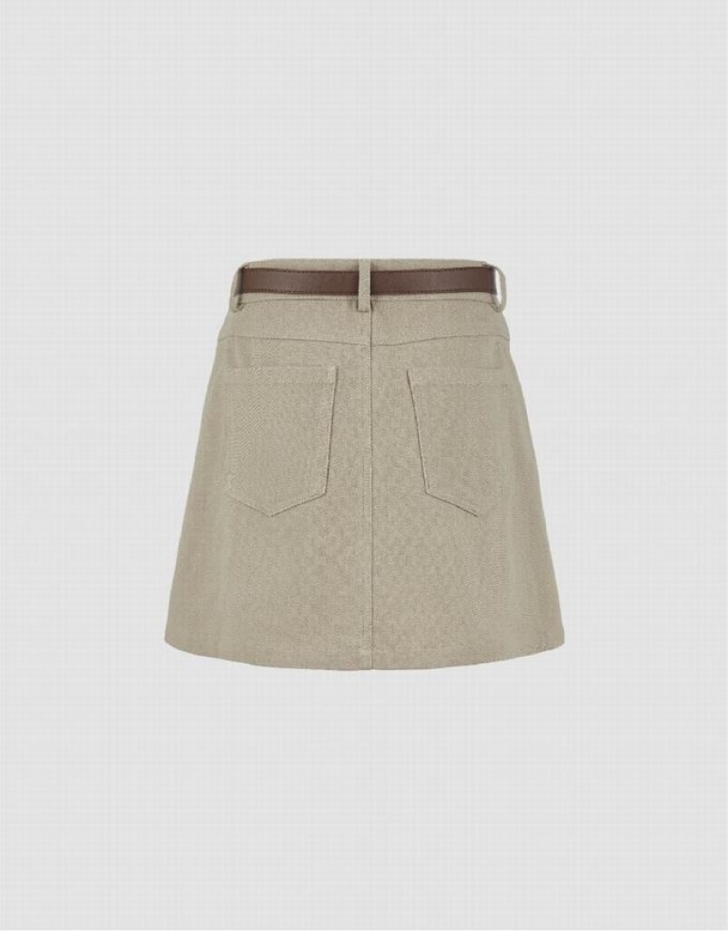 Urban Revivo Mini A-Line With Belt Women's Denim Skirt Khaki | ABROVZF-07