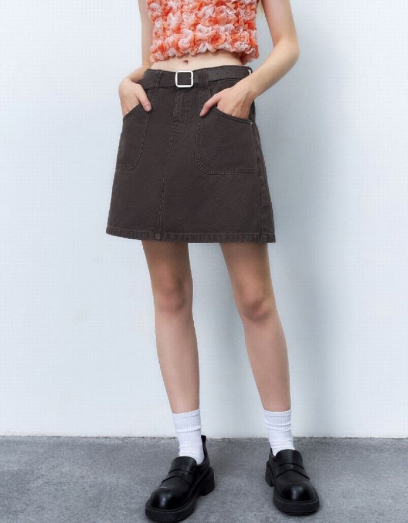 Urban Revivo Mini A-Line With Belt Women's Denim Skirt Brown | XURAKHO-02