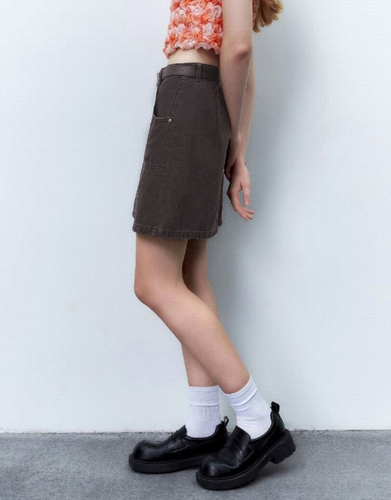 Urban Revivo Mini A-Line With Belt Women's Denim Skirt Brown | XURAKHO-02