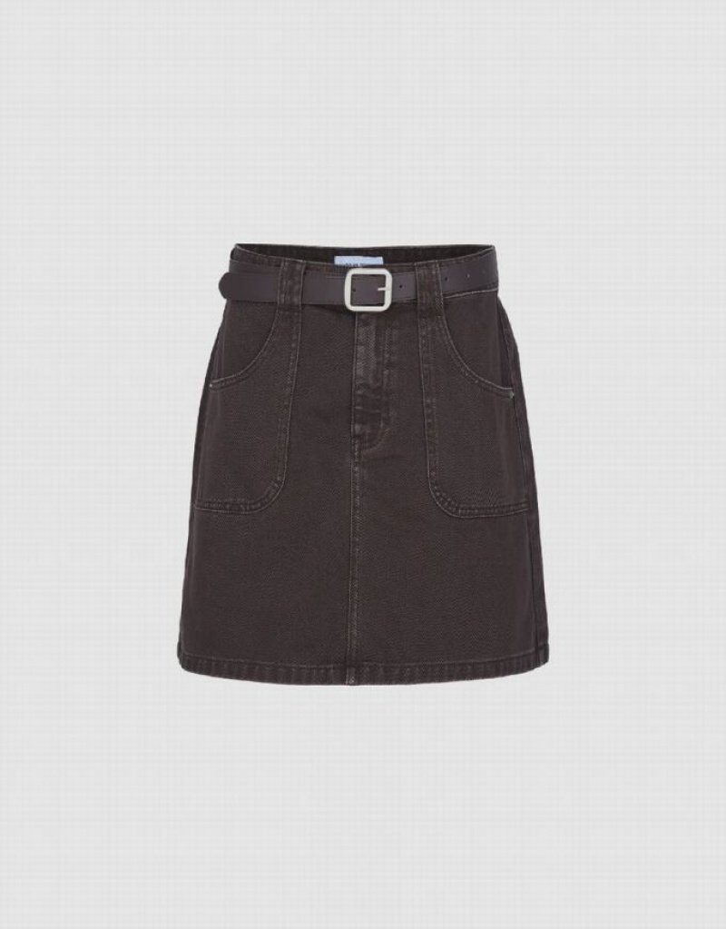 Urban Revivo Mini A-Line With Belt Women\'s Denim Skirt Brown | XURAKHO-02