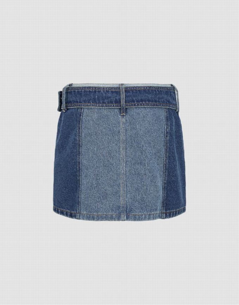 Urban Revivo Mini A-Line With Belt Women's Denim Skirt Blue | PSVOWUI-01