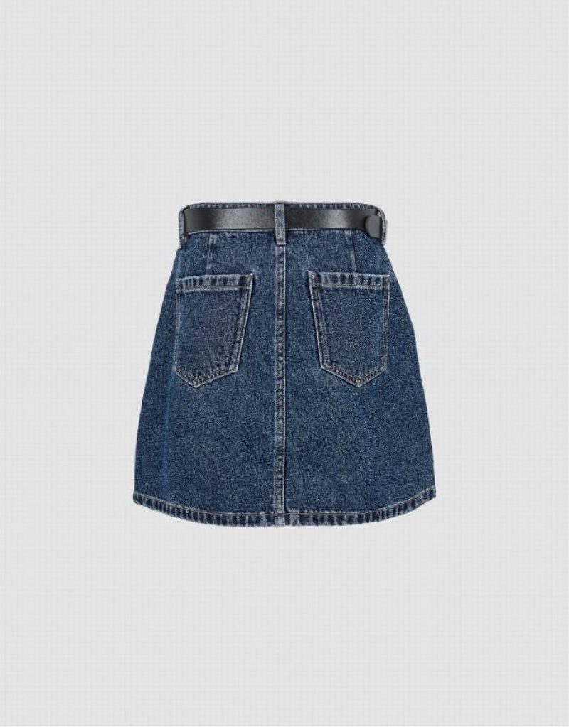 Urban Revivo Mini A-Line With Belt Women's Denim Skirt Blue | INPQALE-54