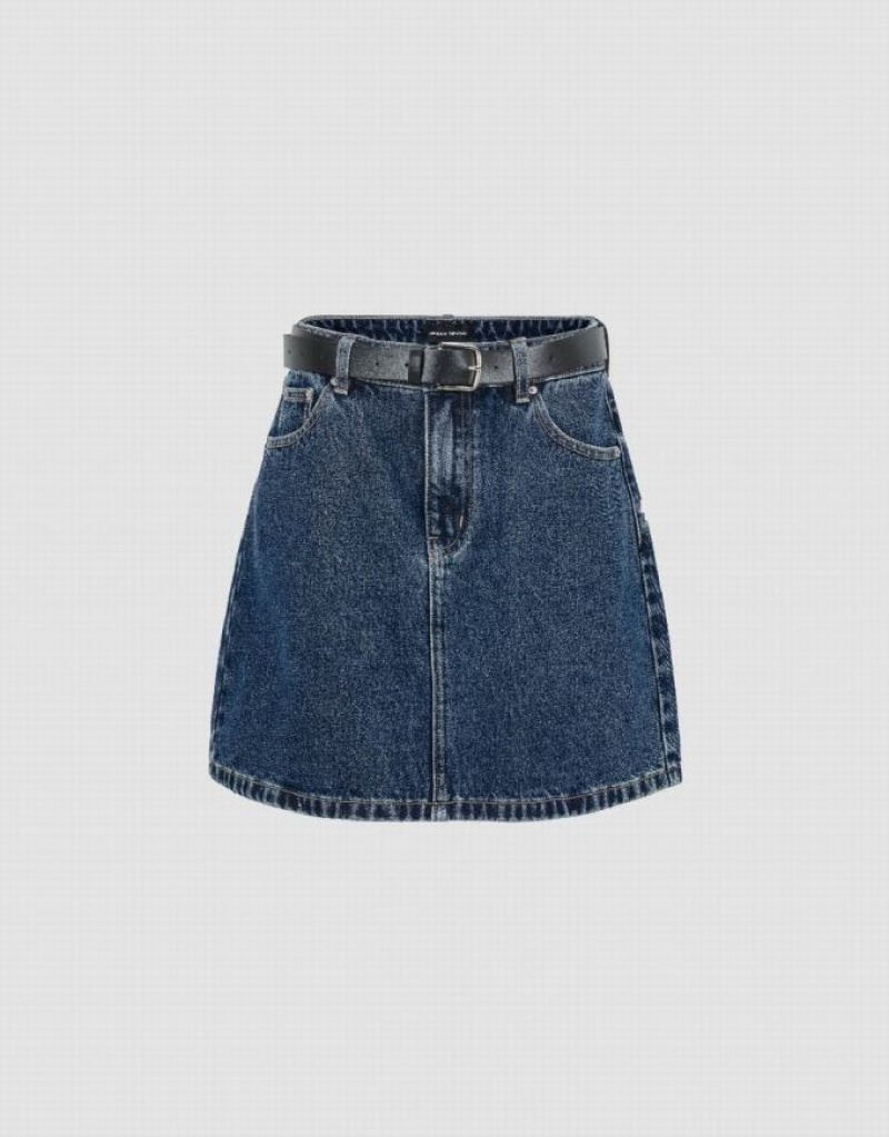 Urban Revivo Mini A-Line With Belt Women\'s Denim Skirt Blue | INPQALE-54