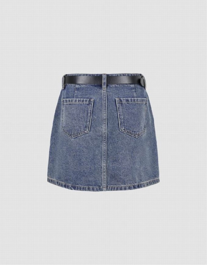 Urban Revivo Mini A-Line With Belt Women's Denim Skirt Blue | CFBDANW-92