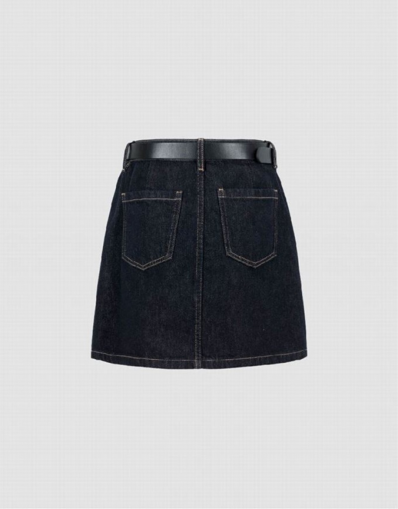 Urban Revivo Mini A-Line With Belt Women's Denim Skirt Blue | AOEMXBQ-72