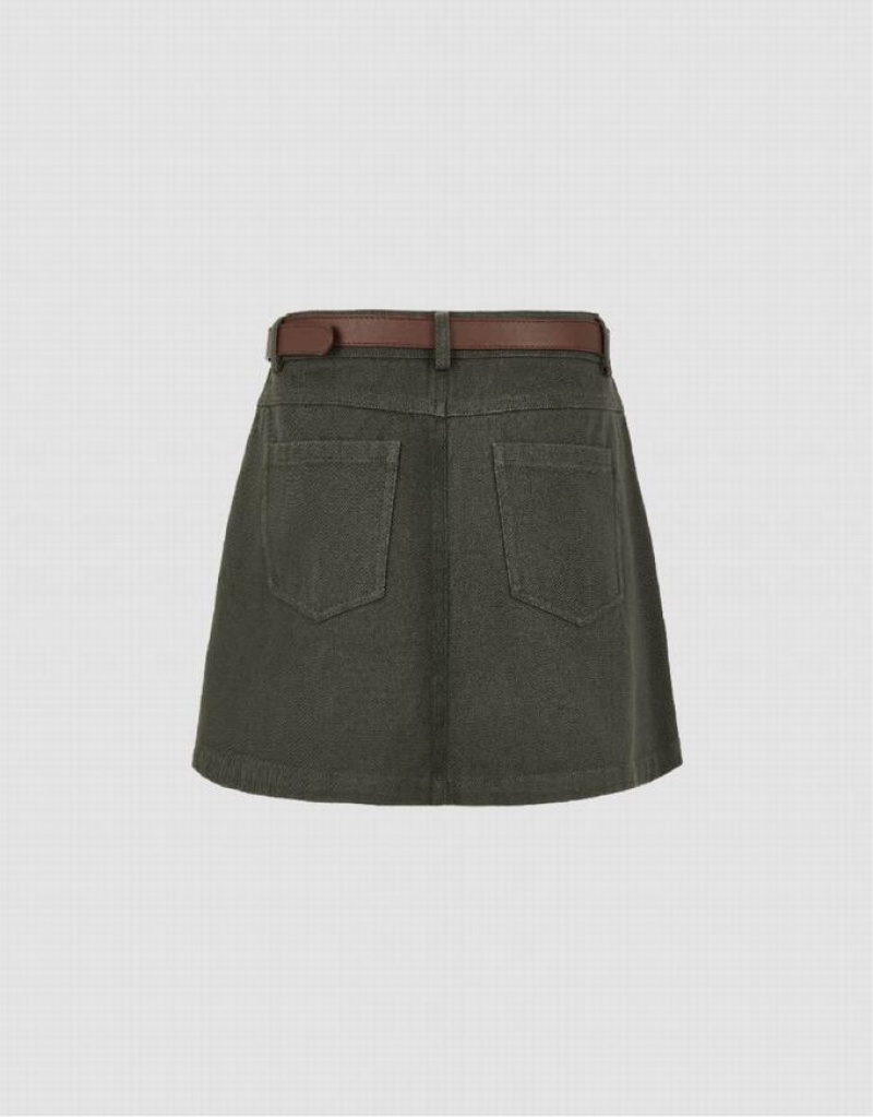 Urban Revivo Mini A-Line With Belt Women's Denim Skirt Green | RQIMKGT-16