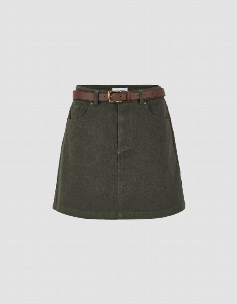 Urban Revivo Mini A-Line With Belt Women\'s Denim Skirt Green | RQIMKGT-16