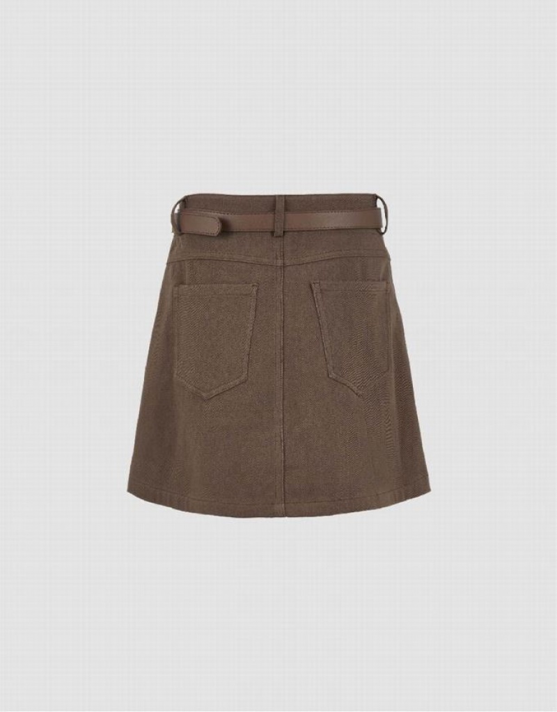 Urban Revivo Mini A-Line With Belt Women's Denim Skirt Coffee | LIOTFAK-01