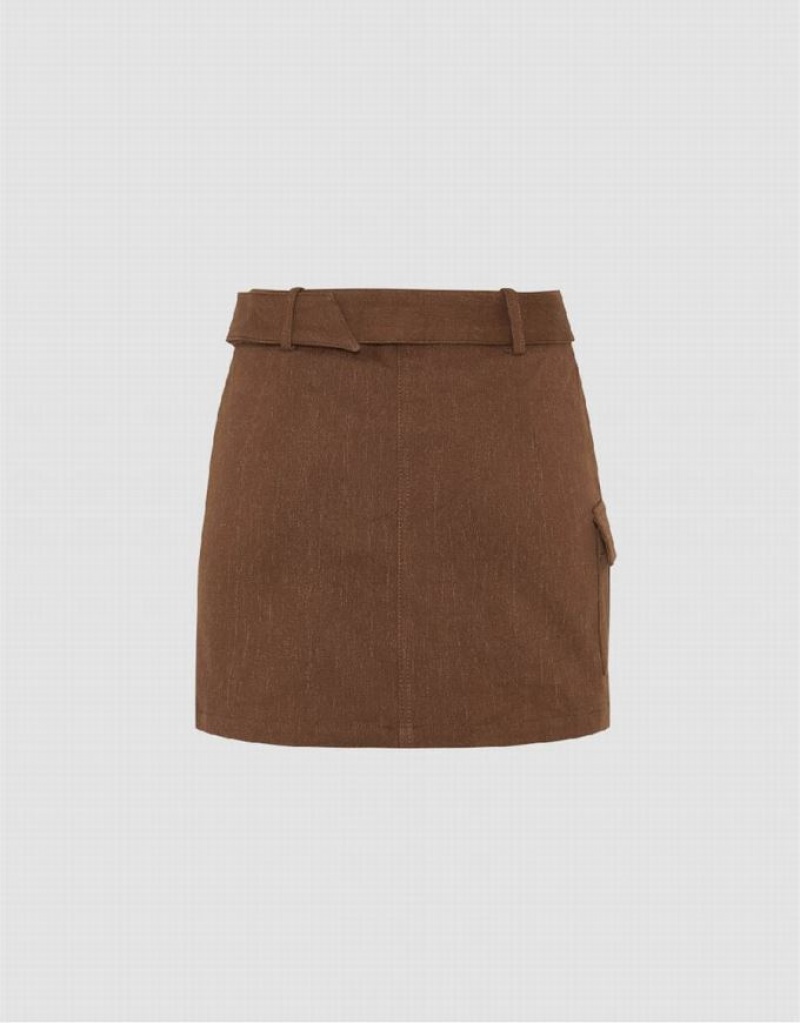 Urban Revivo Mini Straight Knitted With Belt Women's Skirts Brown | BMWJKED-78