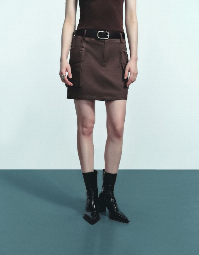 Urban Revivo Mini Straight With Belt Women's Skirts Brown | VWNBUFT-50