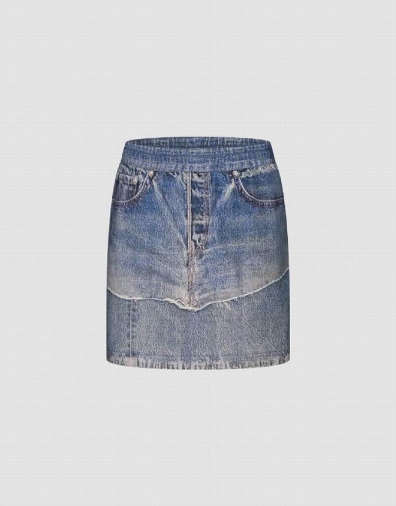 Urban Revivo Mini Straight Women\'s Denim Skirt Blue | ZJFKOHV-38