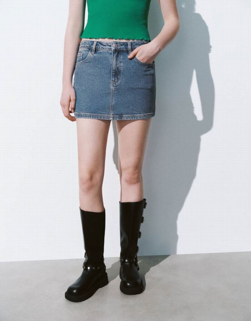 Urban Revivo Mini Straight Women's Denim Skirt Blue | EWYKPDB-73