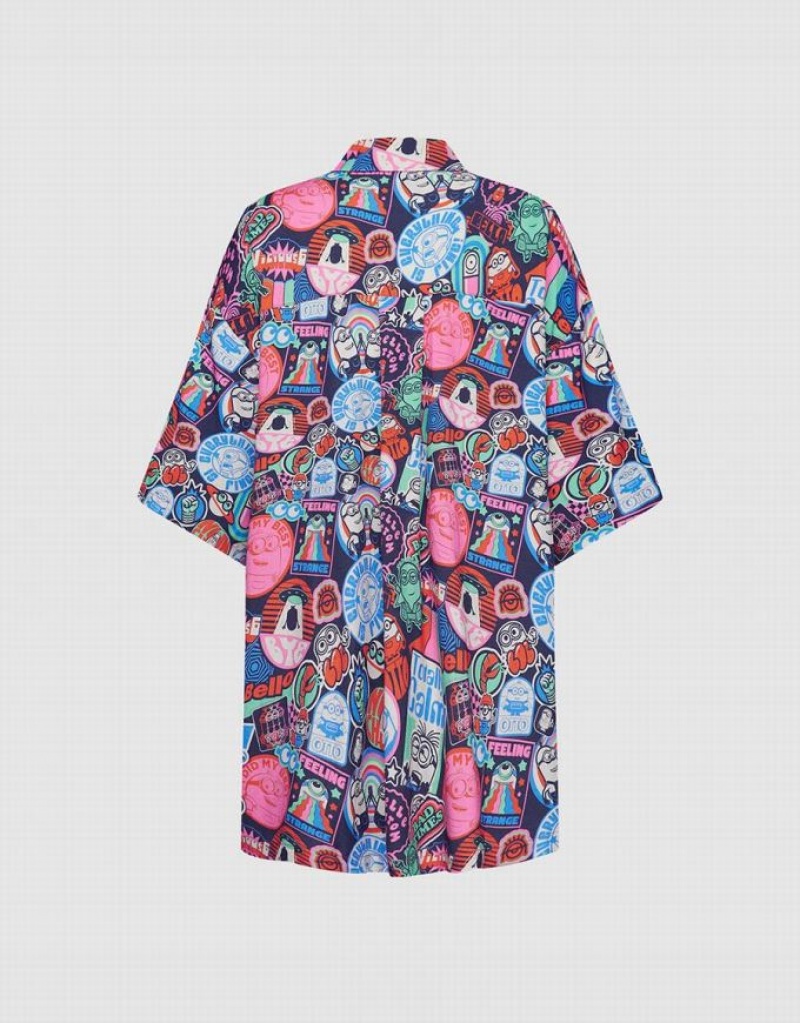 Urban Revivo Minions Allover Print Button Up Women's Shirts Grey | YFINZML-05