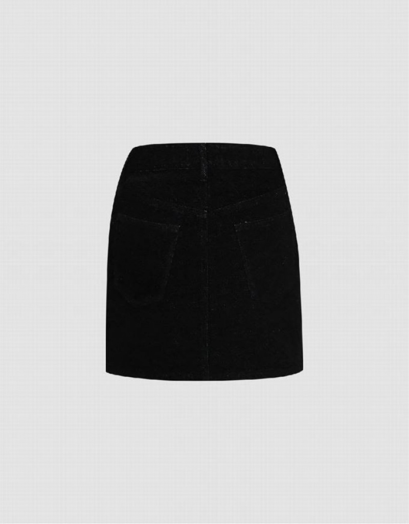 Urban Revivo Monogram Straight Mini Women's Denim Skirt Black | HYUODGS-31