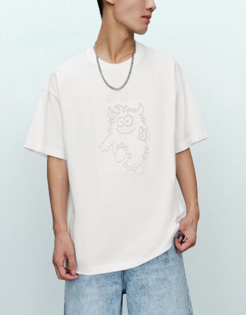 Urban Revivo Monster Printed Crew Neck Men's T-Shirts White | QNSTWMP-60