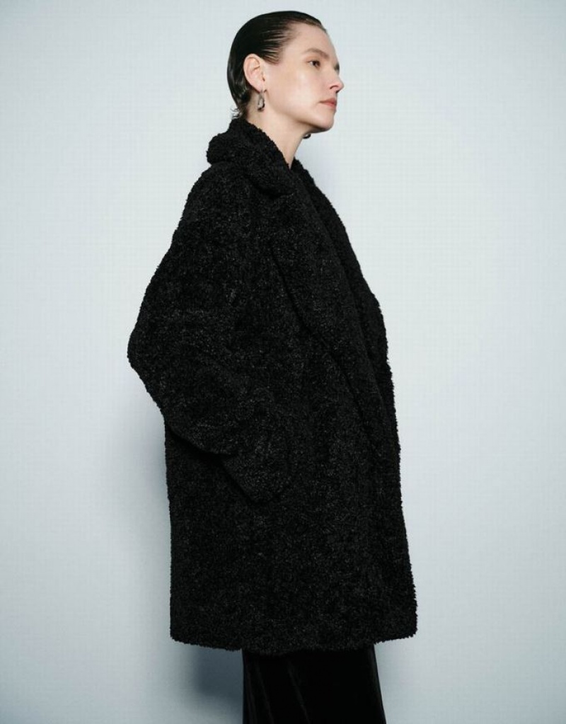 Urban Revivo Notch Lapel Longline Furry Women's Coats Black | CEMVHRL-19