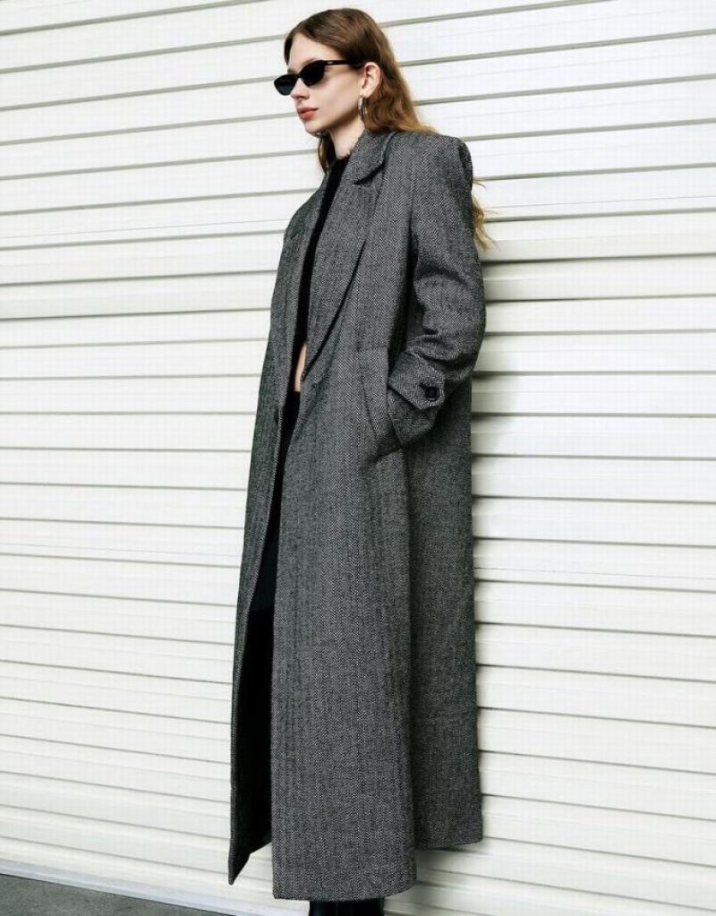 Urban Revivo Notch Lapel Straight Woolen Women's Coats Dark Grey | VQGEKCH-46