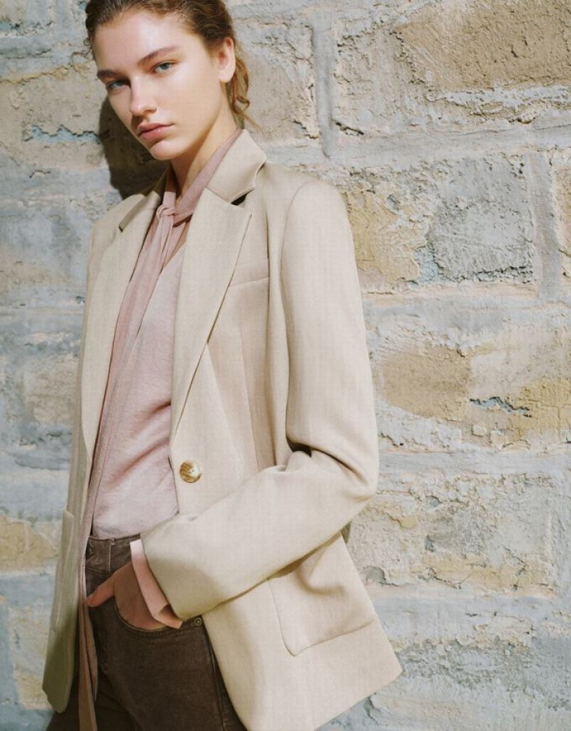 Urban Revivo Notch Lapel Tailored Women's Blazers Khaki | RHAXKNE-14