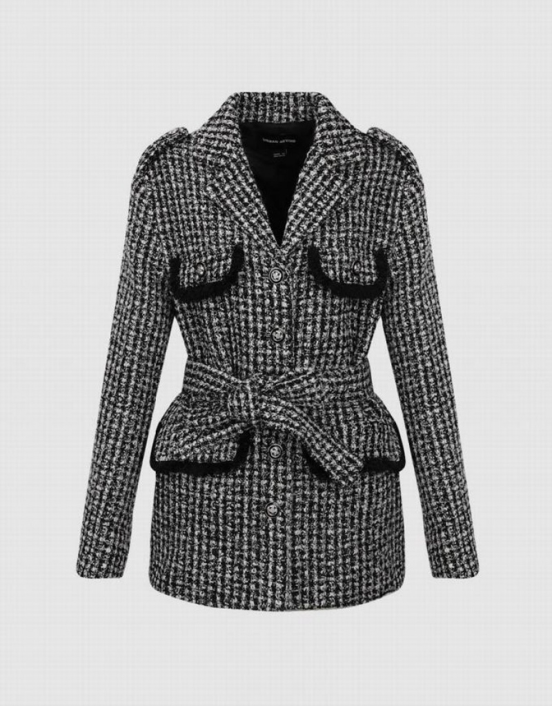 Urban Revivo Notch Lapel Tweed With Belt Women's Jacket Black | GIMUJRV-18