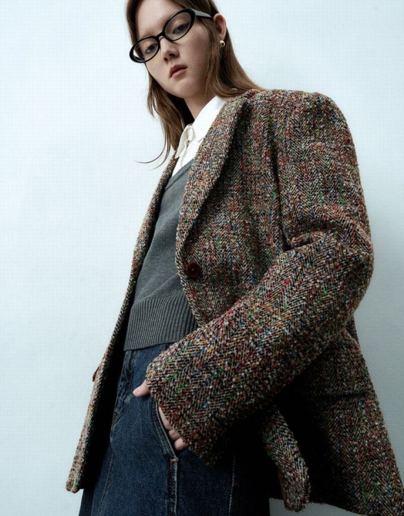 Urban Revivo Notch Lapel Tweed Women's Blazers Multicolor | DOQLTXI-08