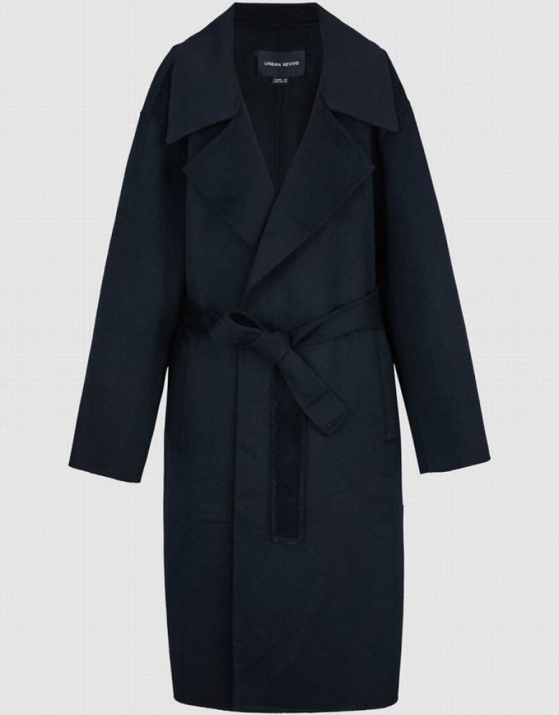 Urban Revivo Notch Lapel With Belt Women's Coats Black | TFIZNEJ-87