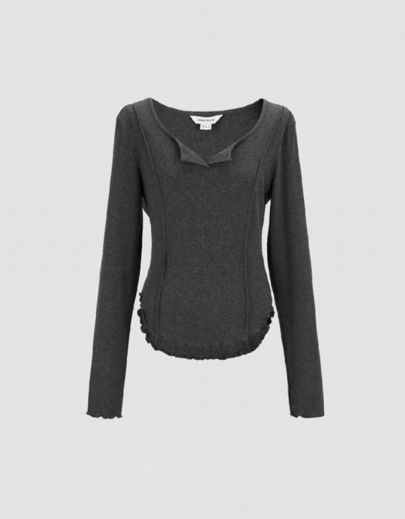 Urban Revivo Notch Neck Skinny Women's T-Shirts Dark Grey | PIWHBMQ-51