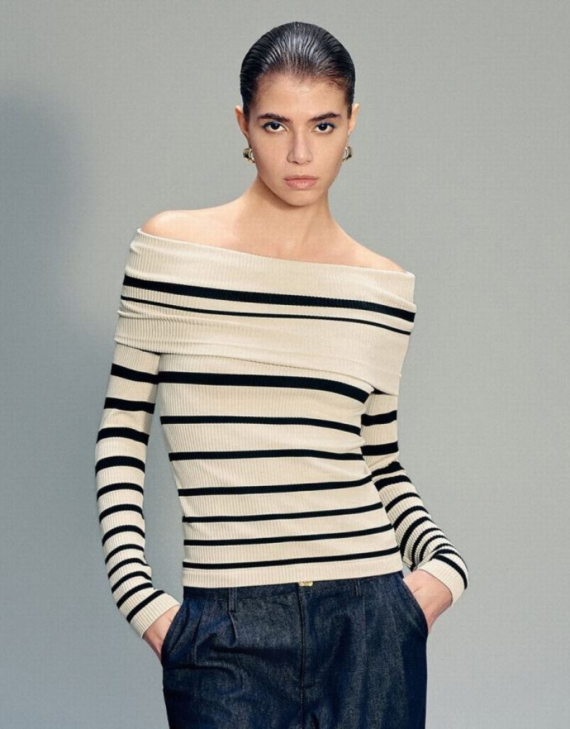 Urban Revivo Off-Shoulder Skinny Women\'s T-Shirts Stripes | BHPRNQA-25