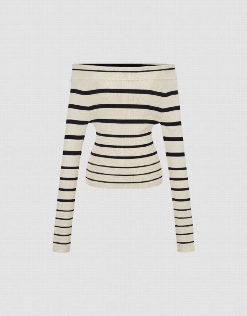 Urban Revivo Off-Shoulder Striped Knitted Women's Cardigan Black | FWMEYRK-57