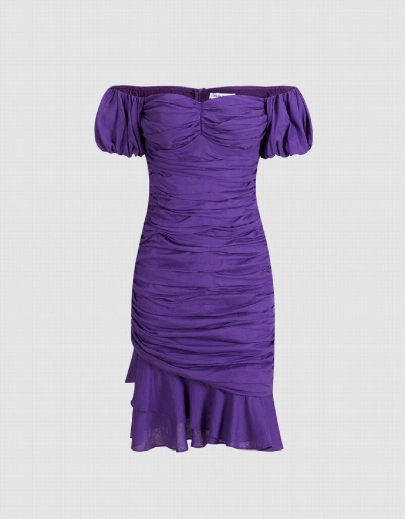 Urban Revivo Off Shoulder Ruched Ruffle Hem Women's Casual Dress Purple | PHBKMJE-85