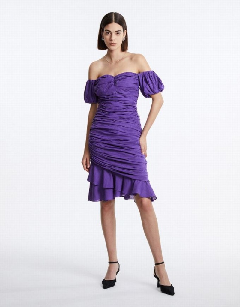 Urban Revivo Off Shoulder Ruched Ruffle Hem Women's Casual Dress Purple | PHBKMJE-85